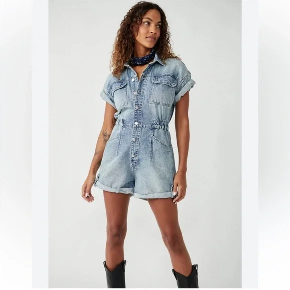 Free People Marci Denim Romper - Picture 2 of 6